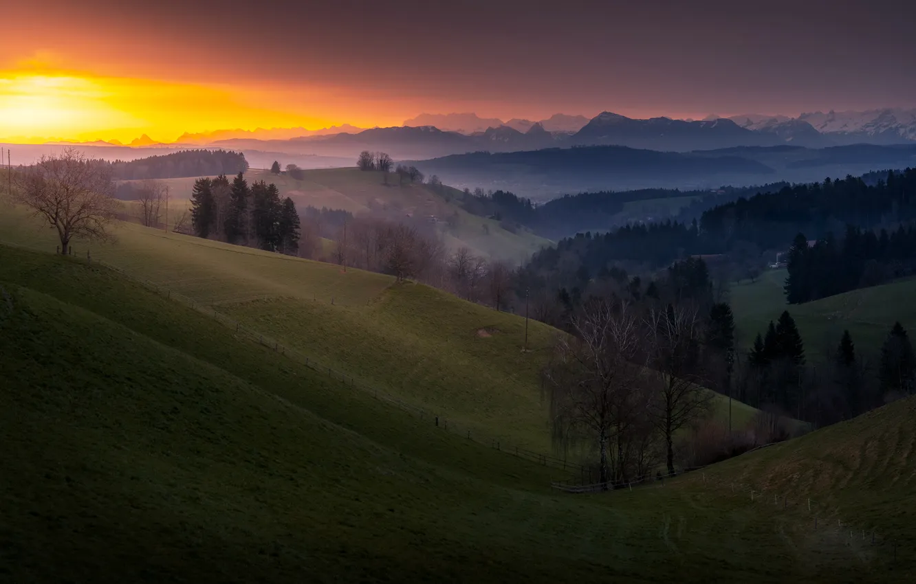 Фото обои закат, туман, Switzerland, Lucerne, Altbüron