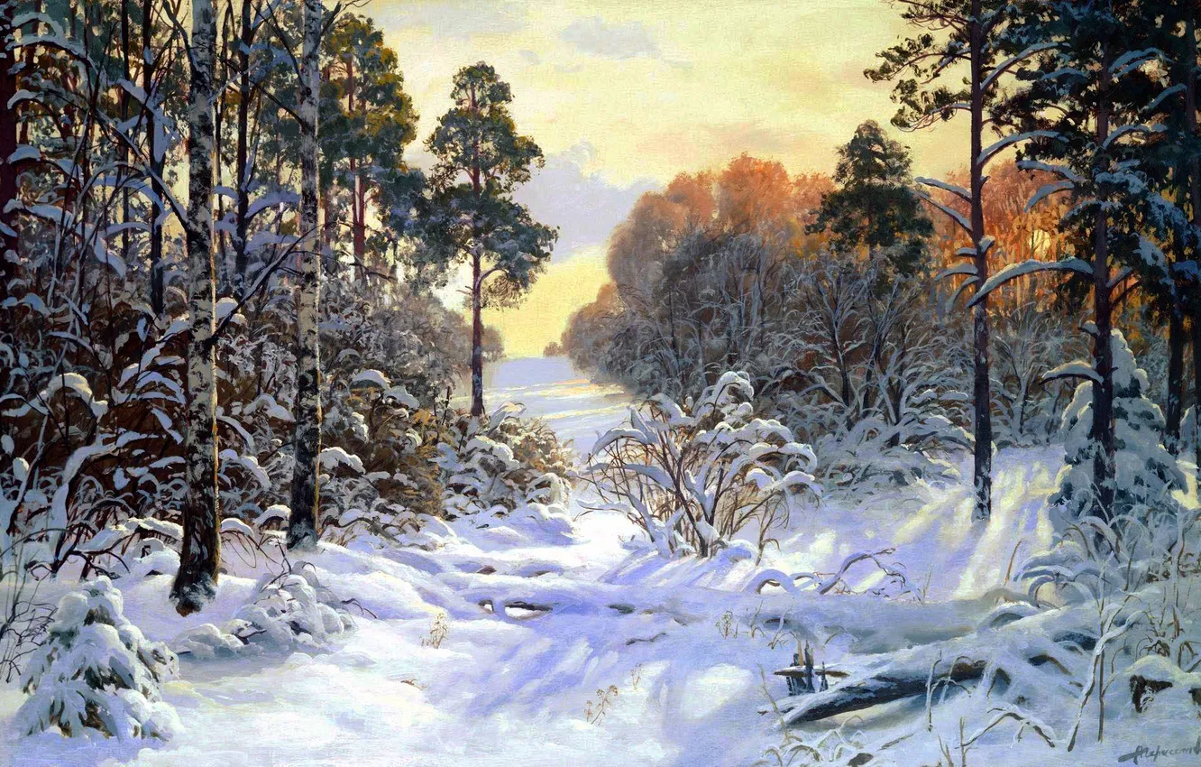 Фото обои зима, лес, свет, снег, деревья, пейзаж, картина, сугробы