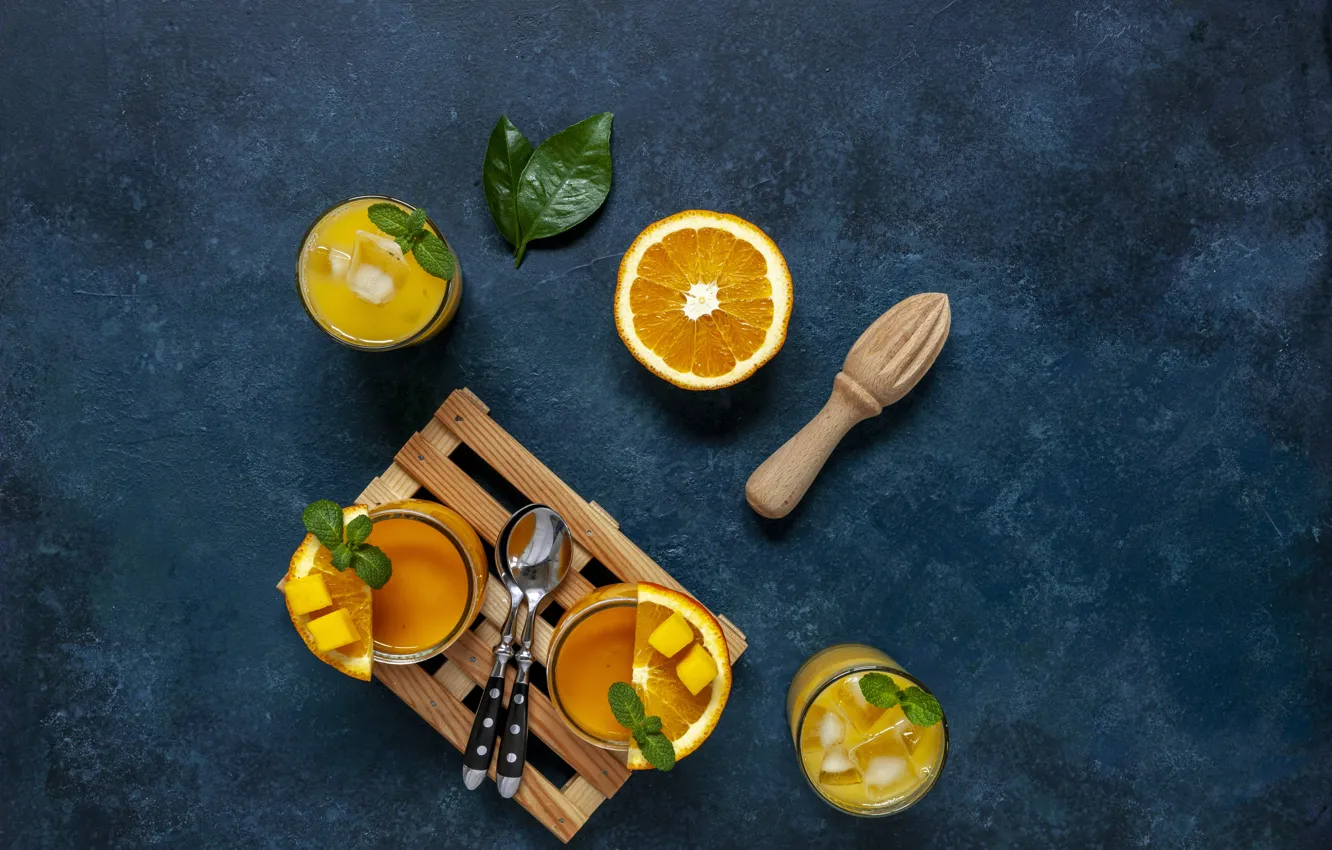 Фото обои апельсин, сок, стаканы, напиток, манго, фреш