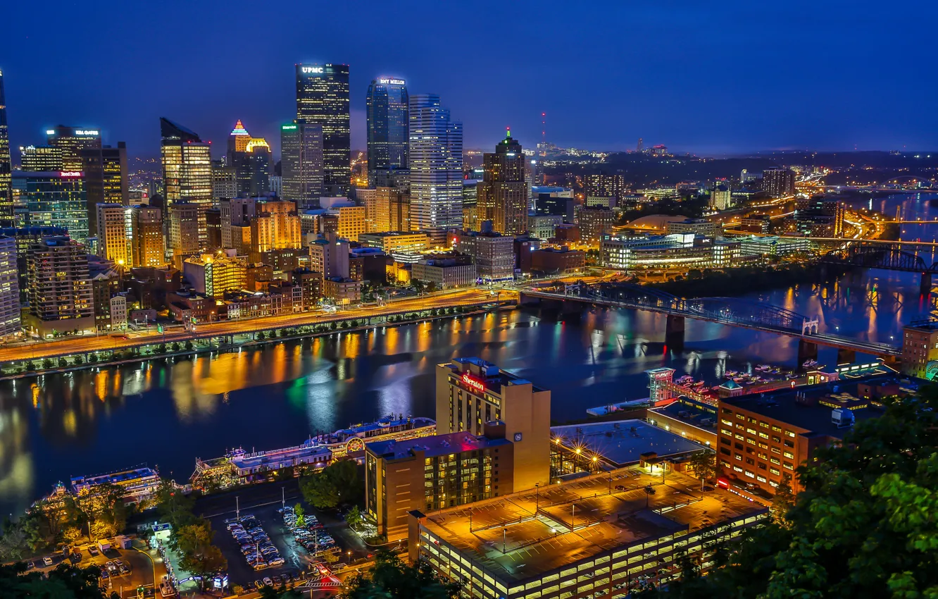 Фото обои река, здания, мосты, ночной город, Пенсильвания, небоскрёбы, Pennsylvania, Питтсбург