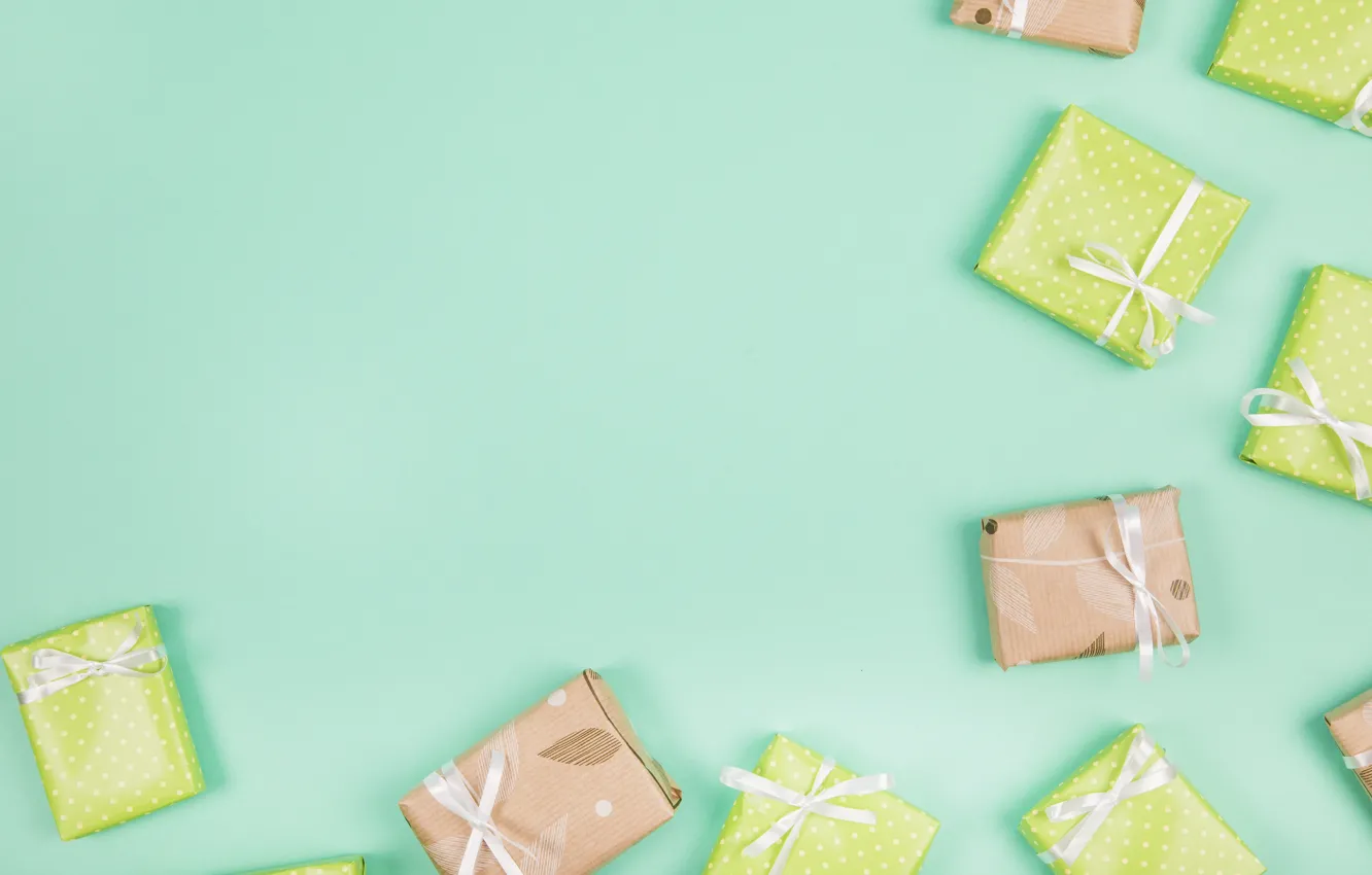 Фото обои ленты, подарки, Paper, Green, коробочки, Gift, Box, Birthday