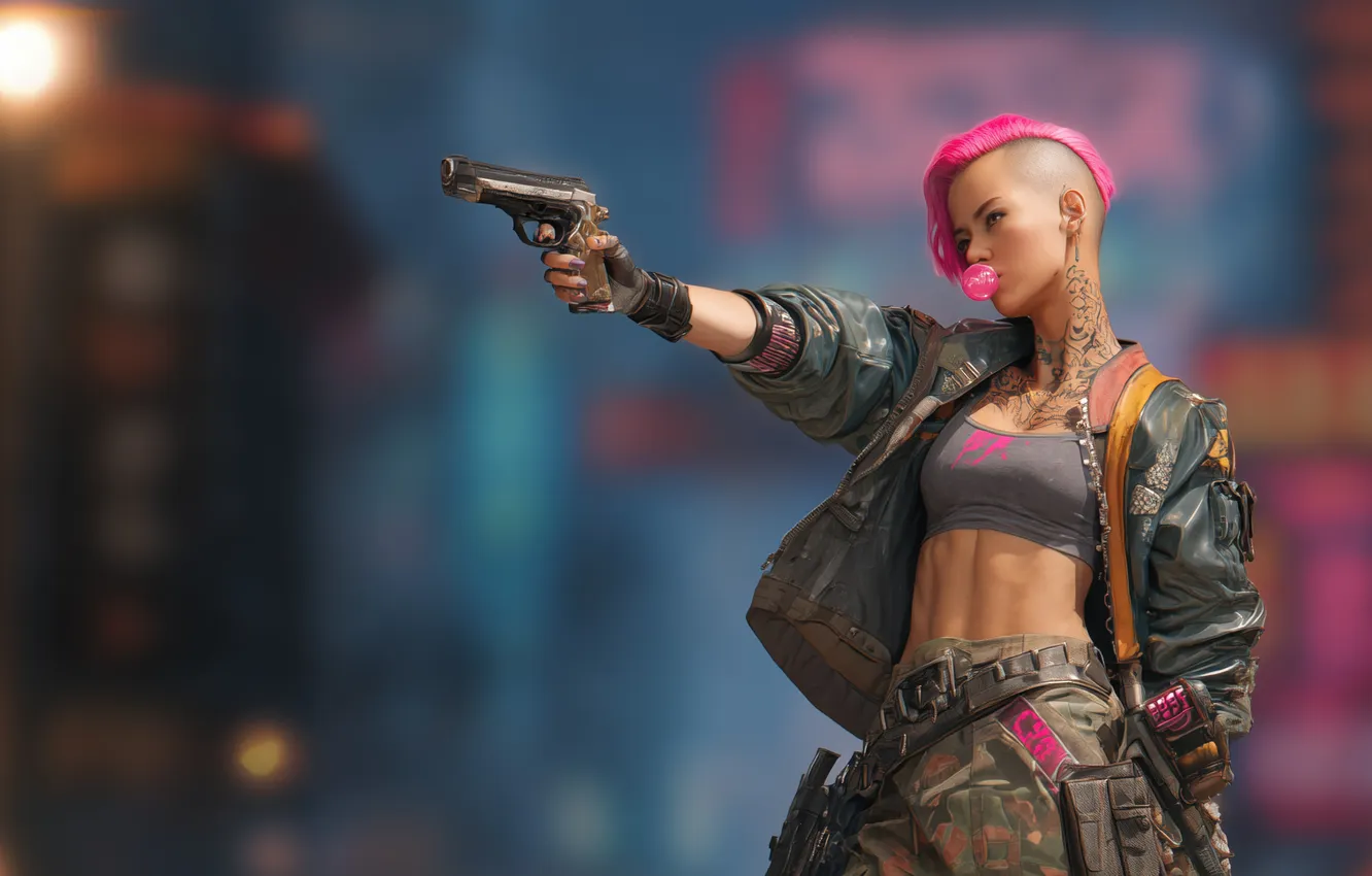 Фото обои city, pink hair, cyberpunk, women, girls with guns, aiming, abs, depth of field