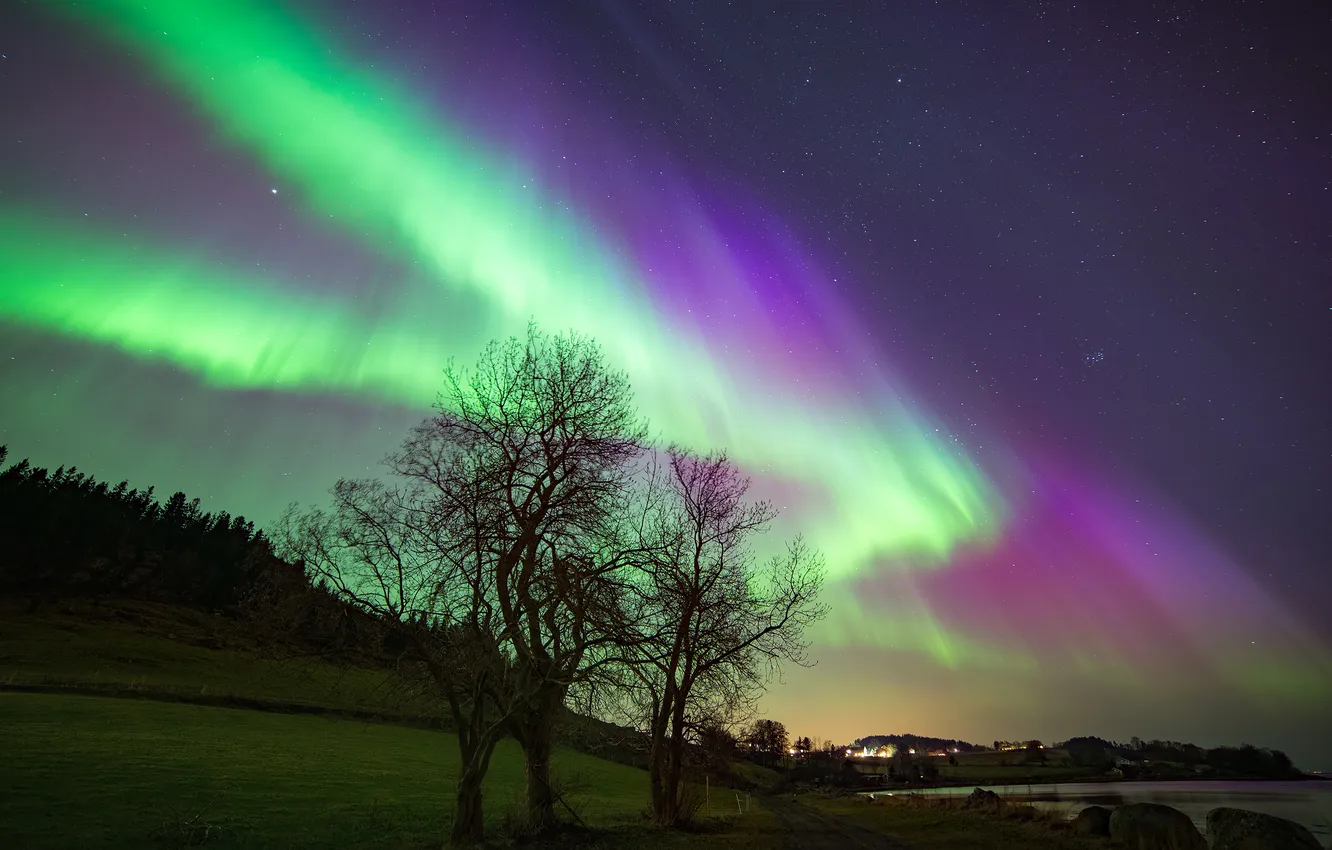 Фото обои небо, звезды, пейзаж, ночь, северное сияние, Aurora Borealis