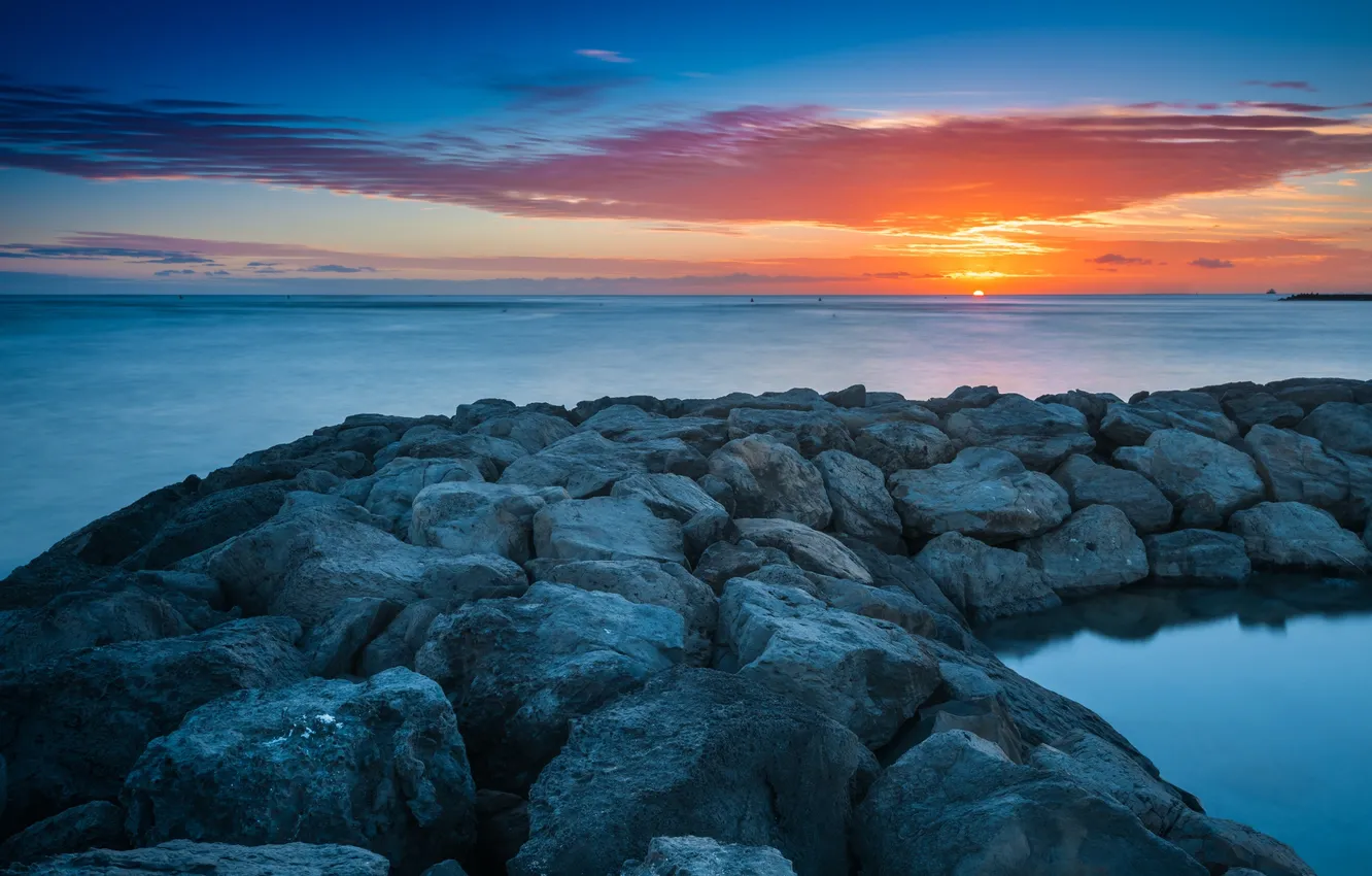 Фото обои море, закат, камни, гряда