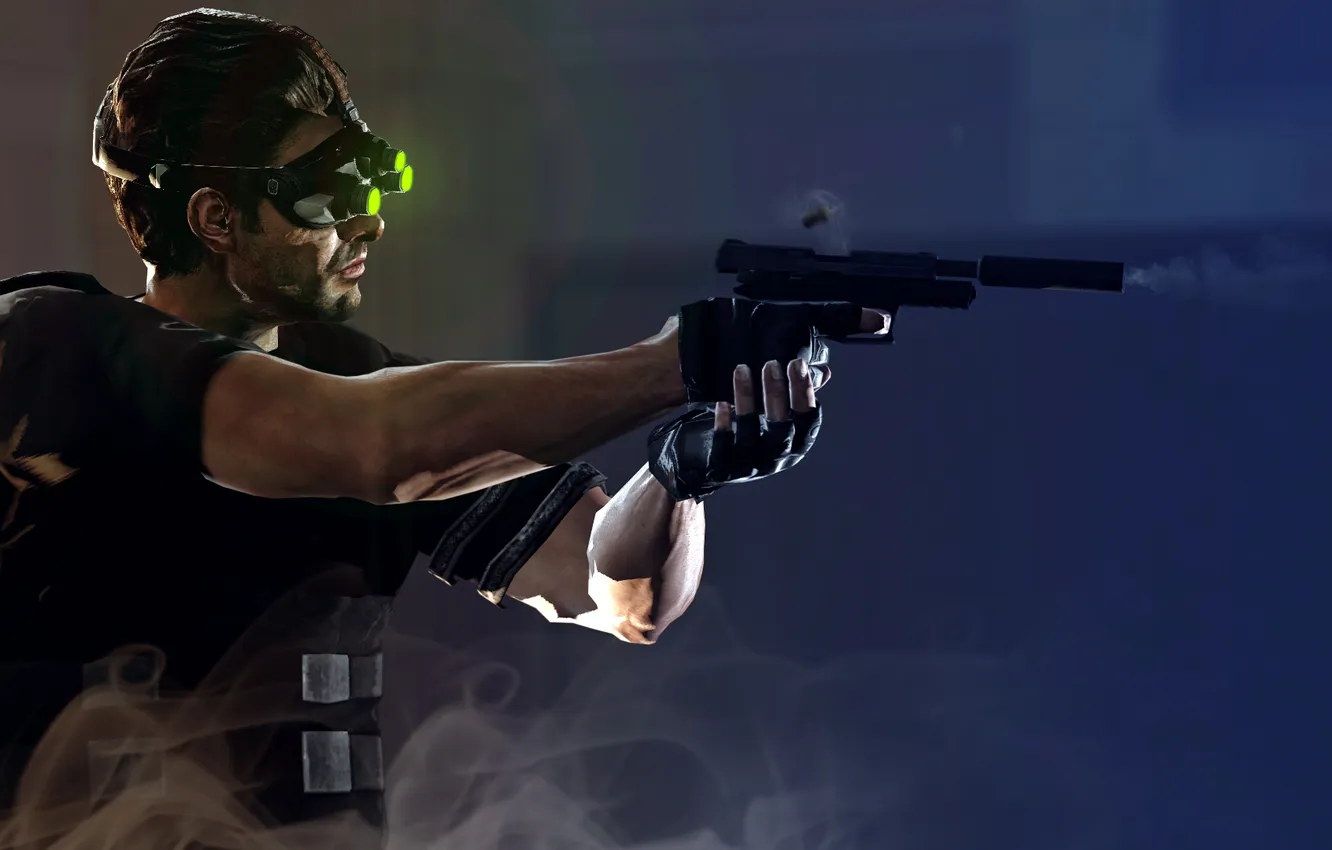 Фото обои пистолет, оружие, игра, дым, выстрел, профиль, Splinter Cell, Sam fisher