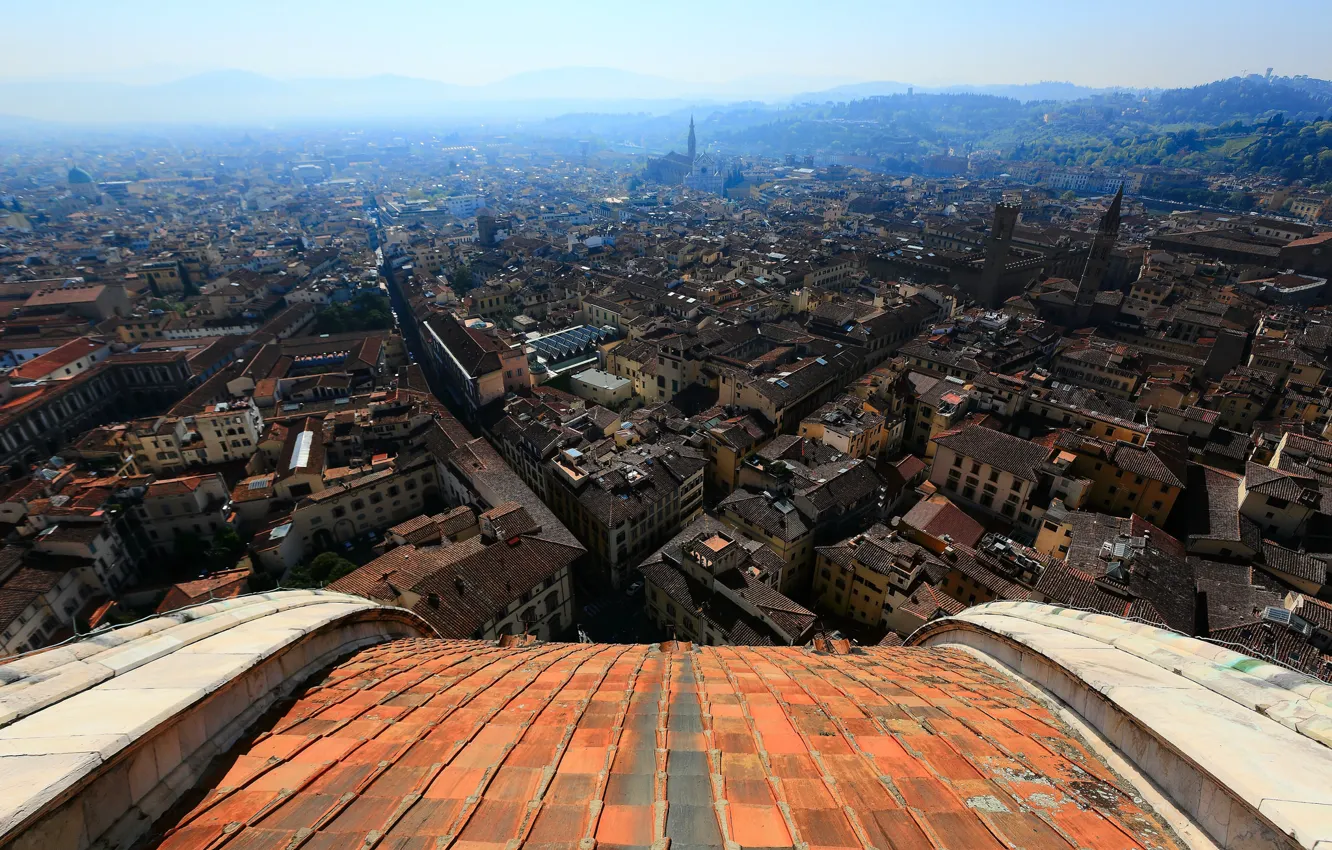 Фото обои небо, дома, Италия, панорама, Флоренция, улицы, квартал, вид с купола собора Санта-Мария-дель-Фьоре