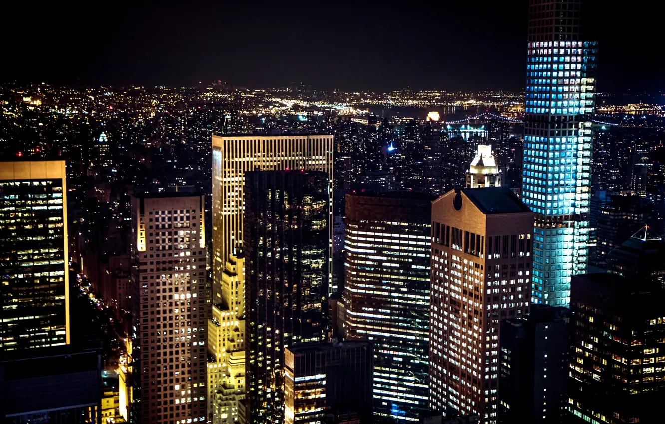 Фото обои свет, ночь, город, огни, окна, здания, Нью-Йорк, небоскребы