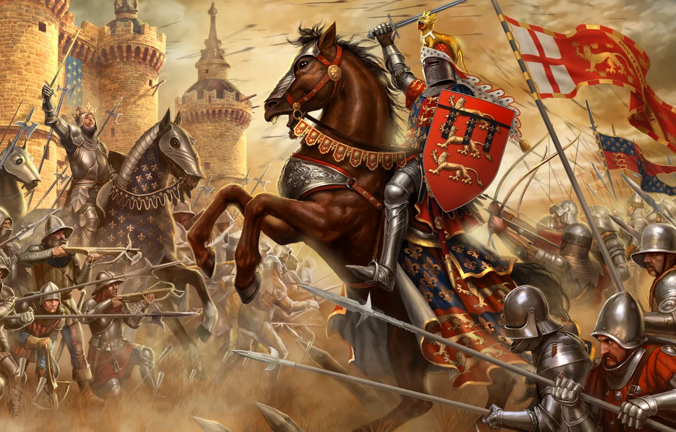 Фото обои крепость, воины, рыцари, Сражение при Креси, Французы, Столетняя война, Англичане
