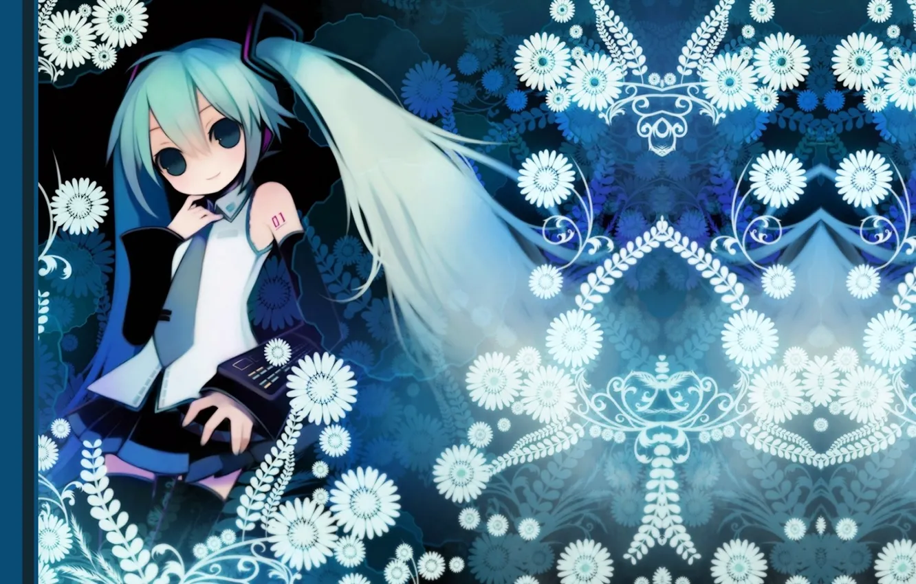 Фото обои улыбка, сияние, галстук, vocaloid, Hatsune Miku, вокалоид, голубые волосы, цветочный узор