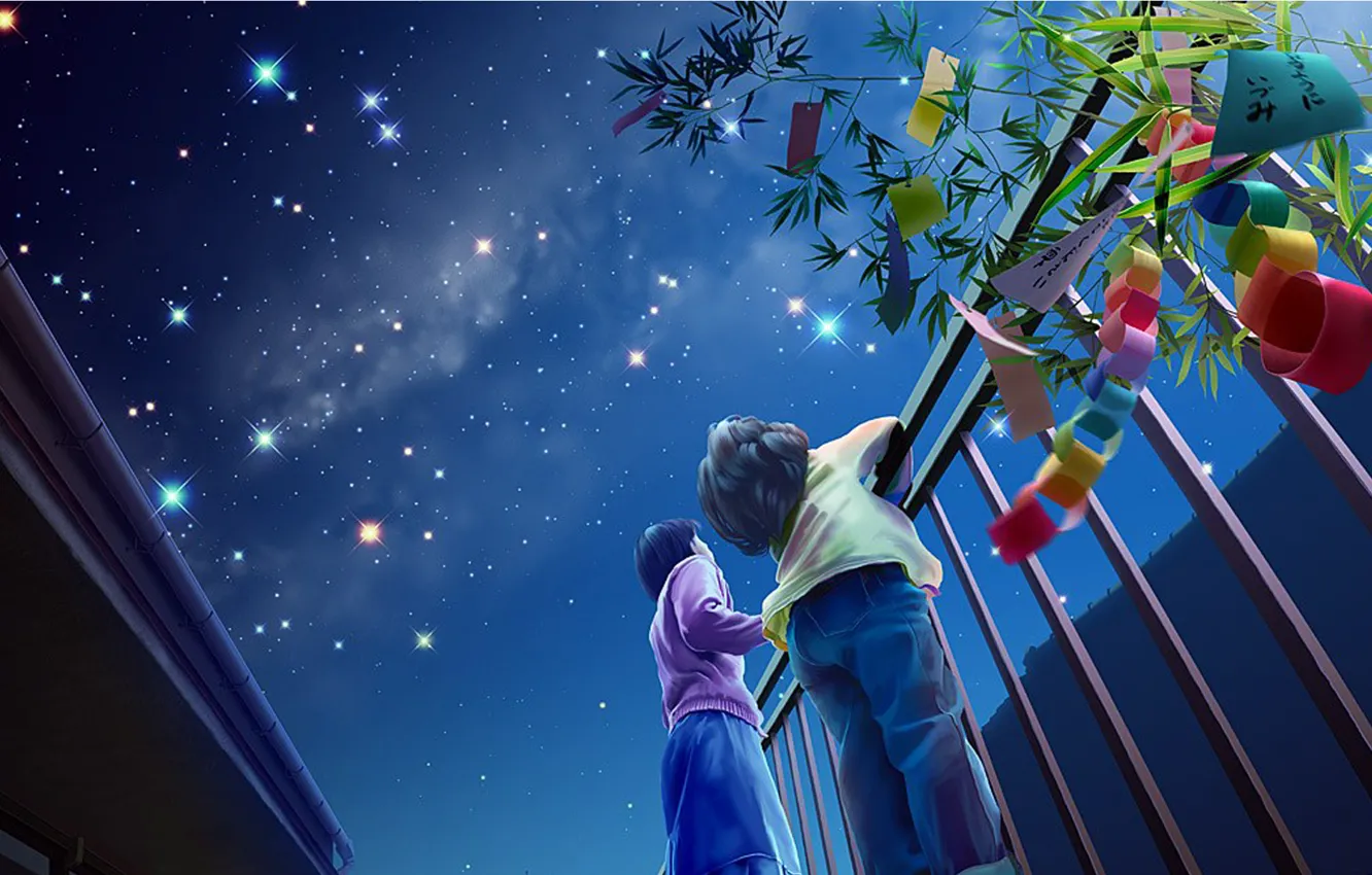Фото обои ночь, дети, праздник, звездное небо, ютака кагайя, yutaka kagaya