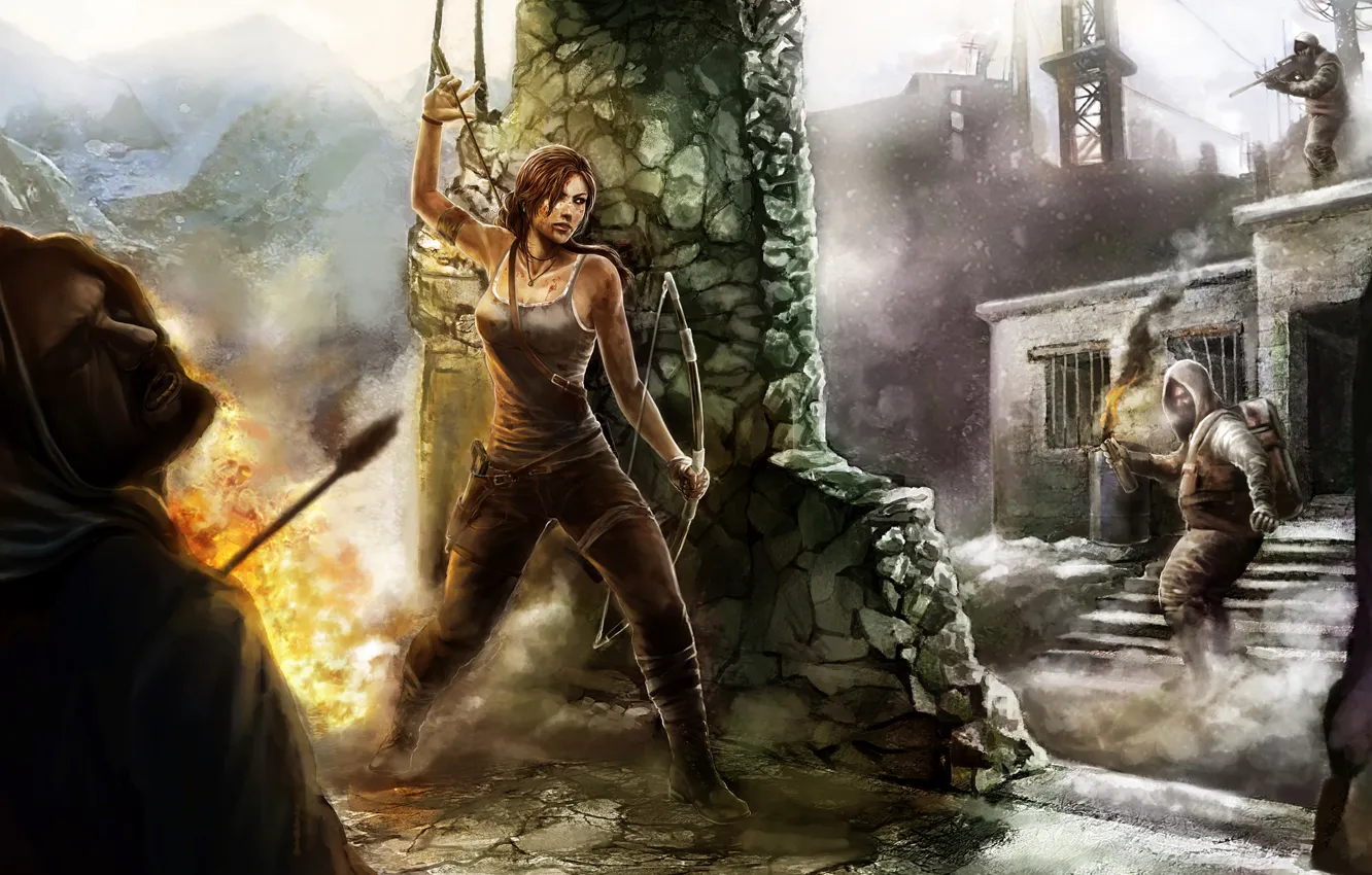 Фото обои девушка, огонь, арт, битва, стрелы, tomb raider, колонна