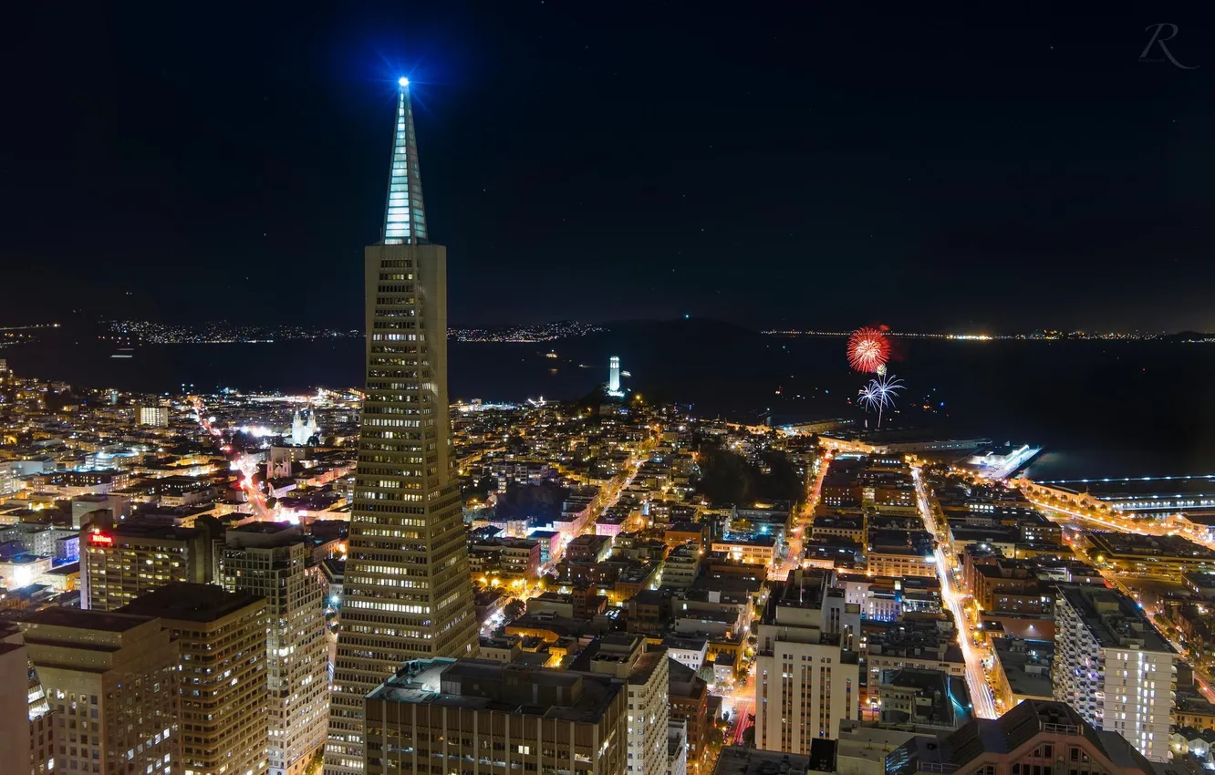 Фото обои ночь, огни, высота, небоскребы, Калифорния, USA, мегаполис, California