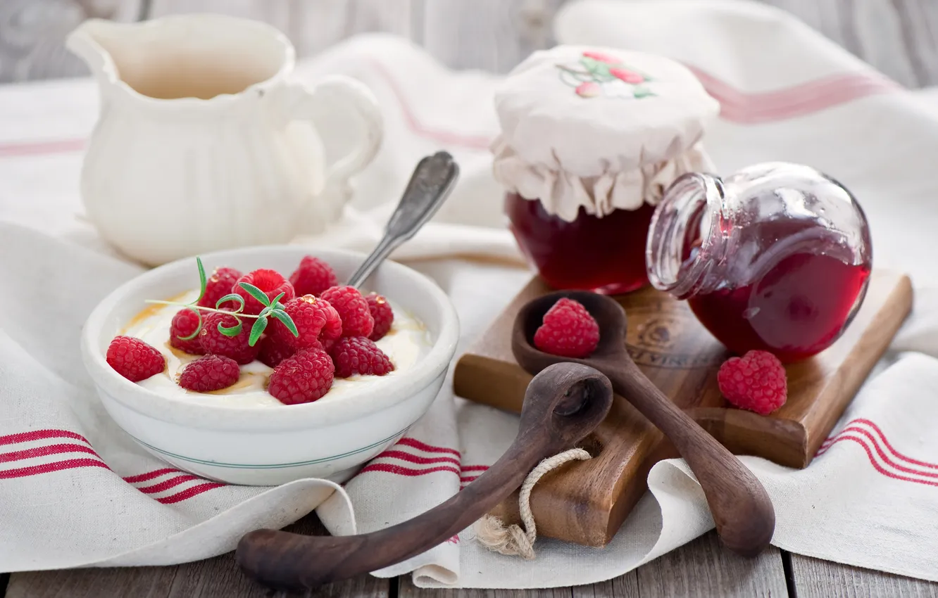 Фото обои ягоды, малина, завтрак, натюрморт, джем, творог