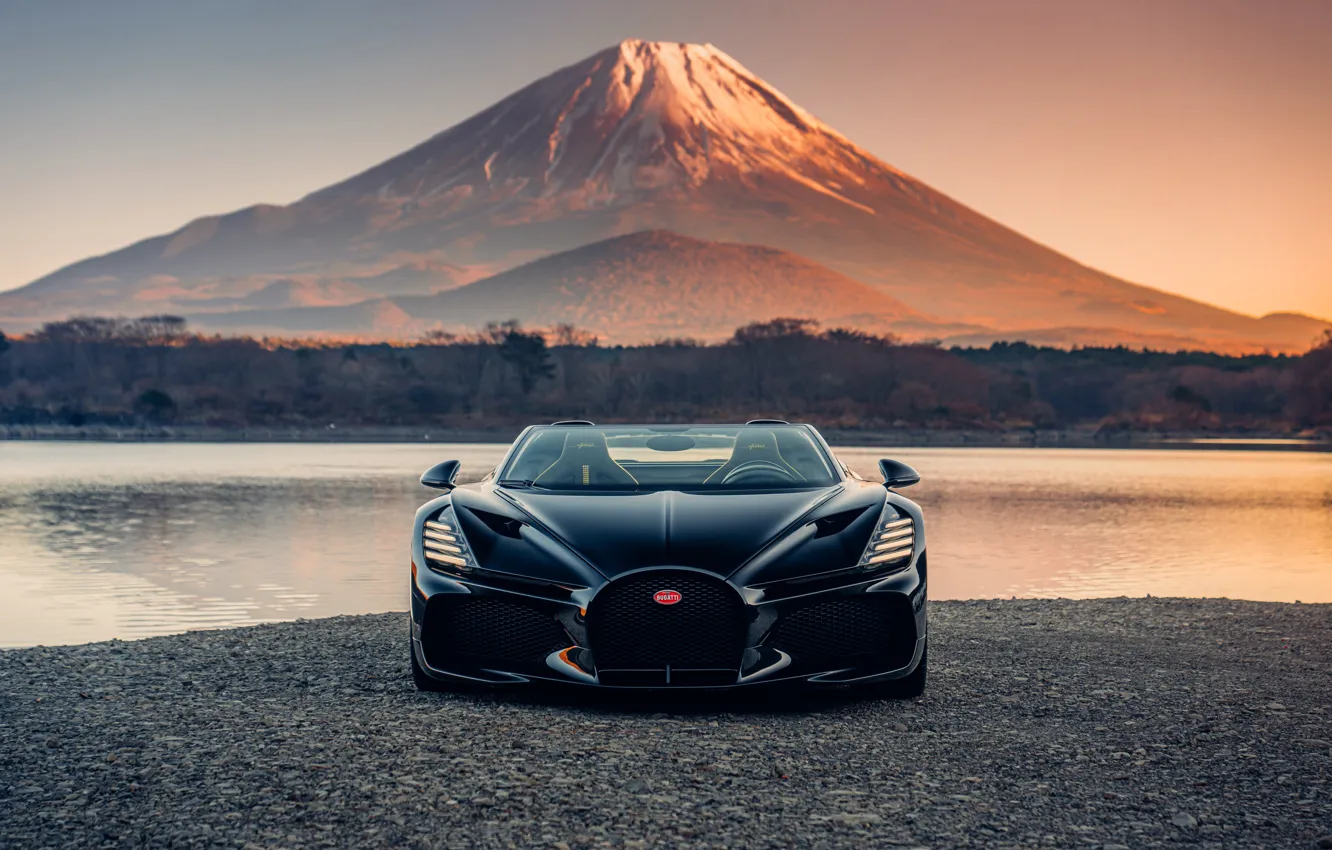 Фото обои Bugatti, Japan, black, front, perfect, Fuji, mount, 富士山
