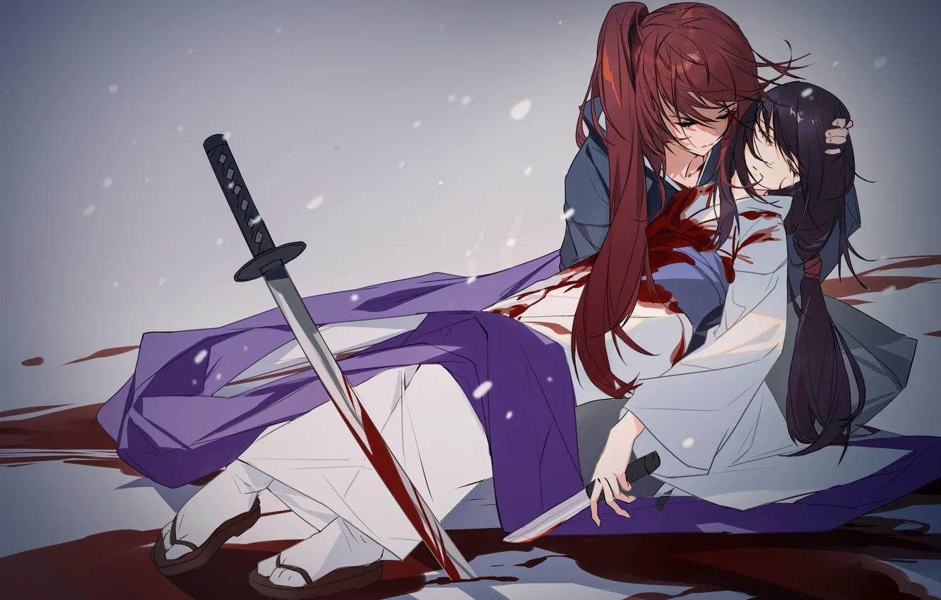 Фото обои снег, девушки, кровь, меч