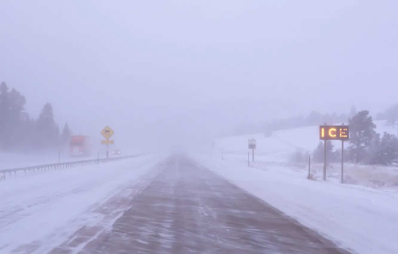 Фото обои дорога, снег, туман, метель