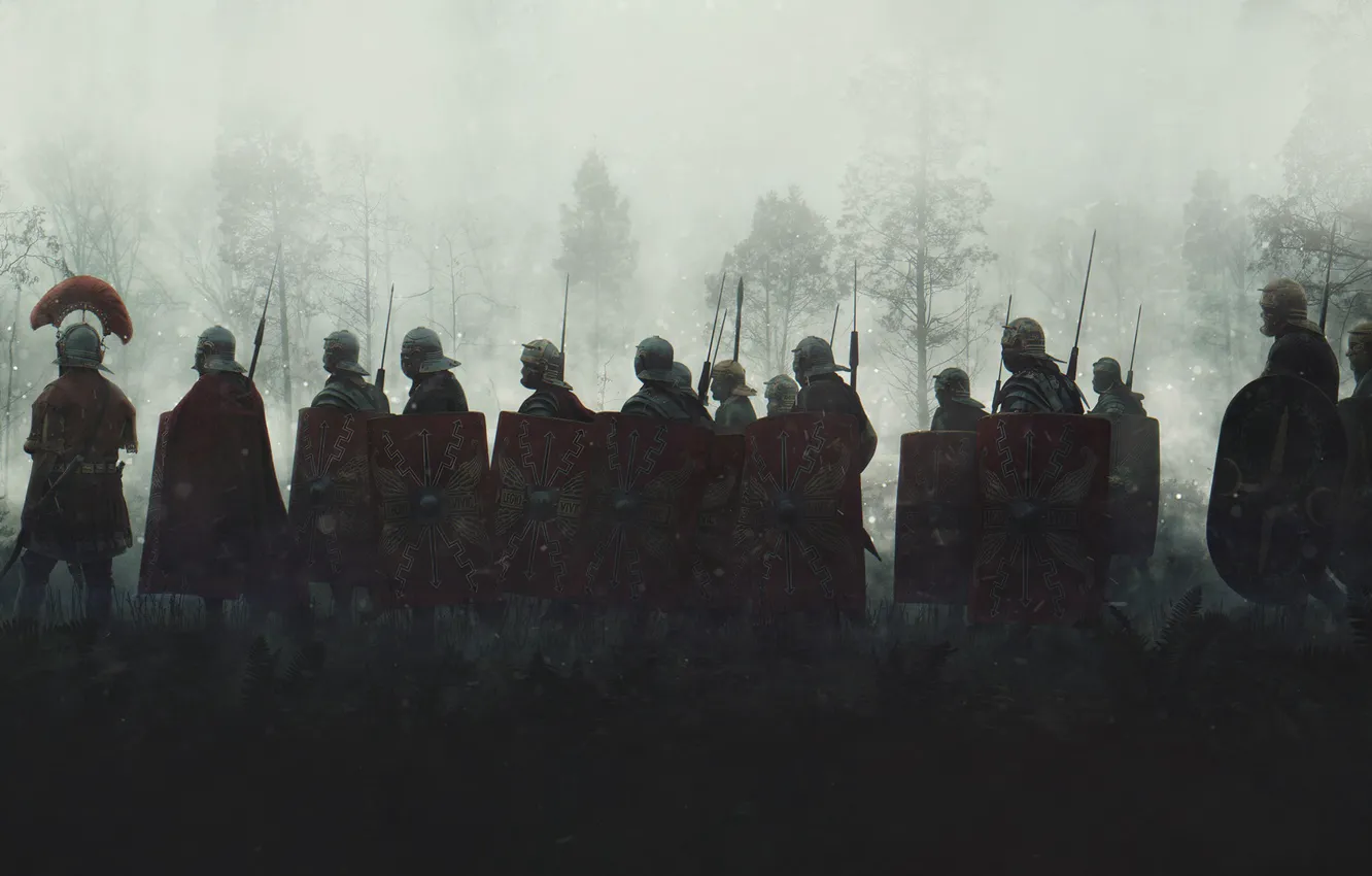 Фото обои Туман, Утро, Солдаты, Войны, Legionaries, Щиты, Римляне, Evgenij Kungur
