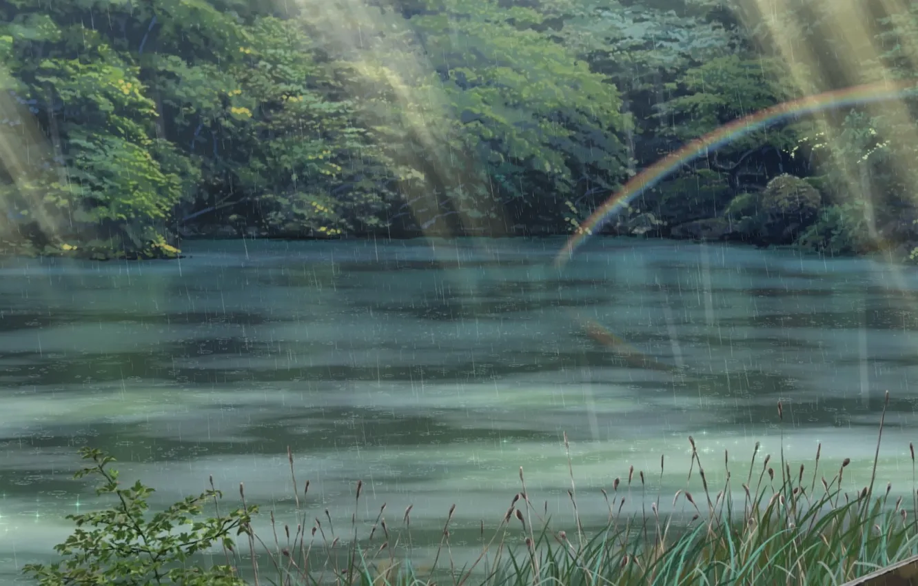 Фото обои Зелень, Природа, Дождь, Парк, Аниме, Листва, Макото Синкай, Anime