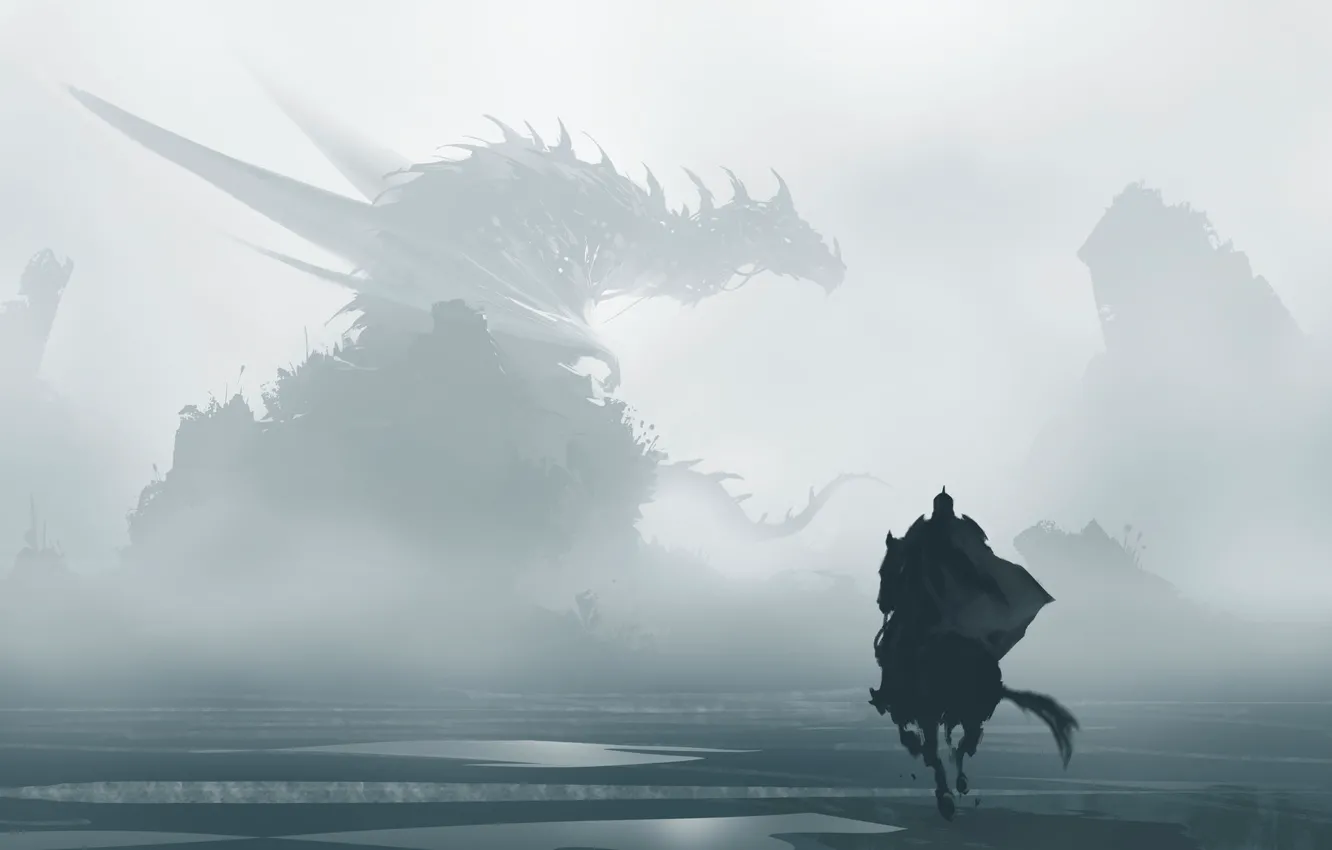 Фото обои Лошадь, Туман, Дракон, Монстр, Силуэт, Конь, Воин, Fantasy