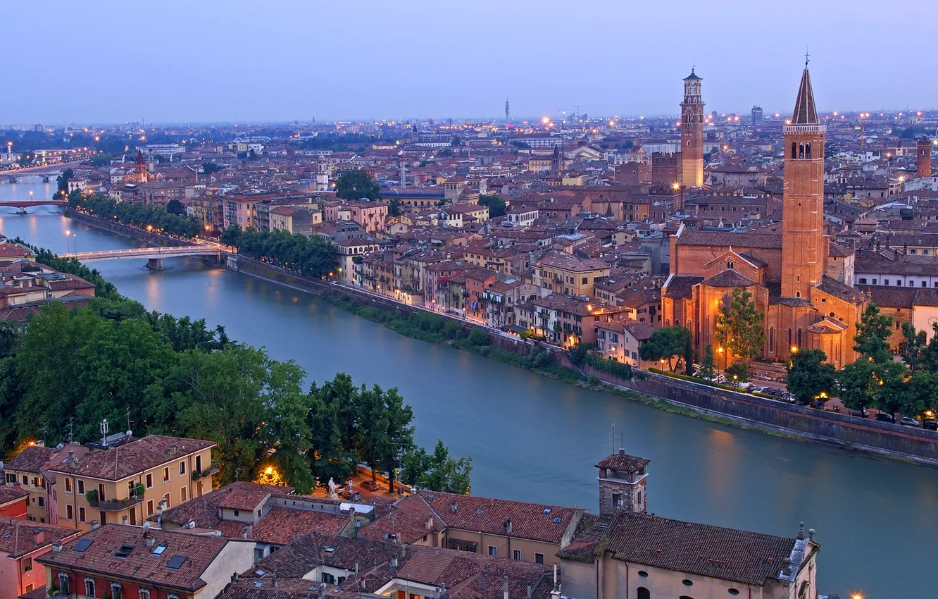 Фото обои река, Италия, церковь, мосты, Italy, Santa Anastasia church, Torre dei Lamberti, Верона