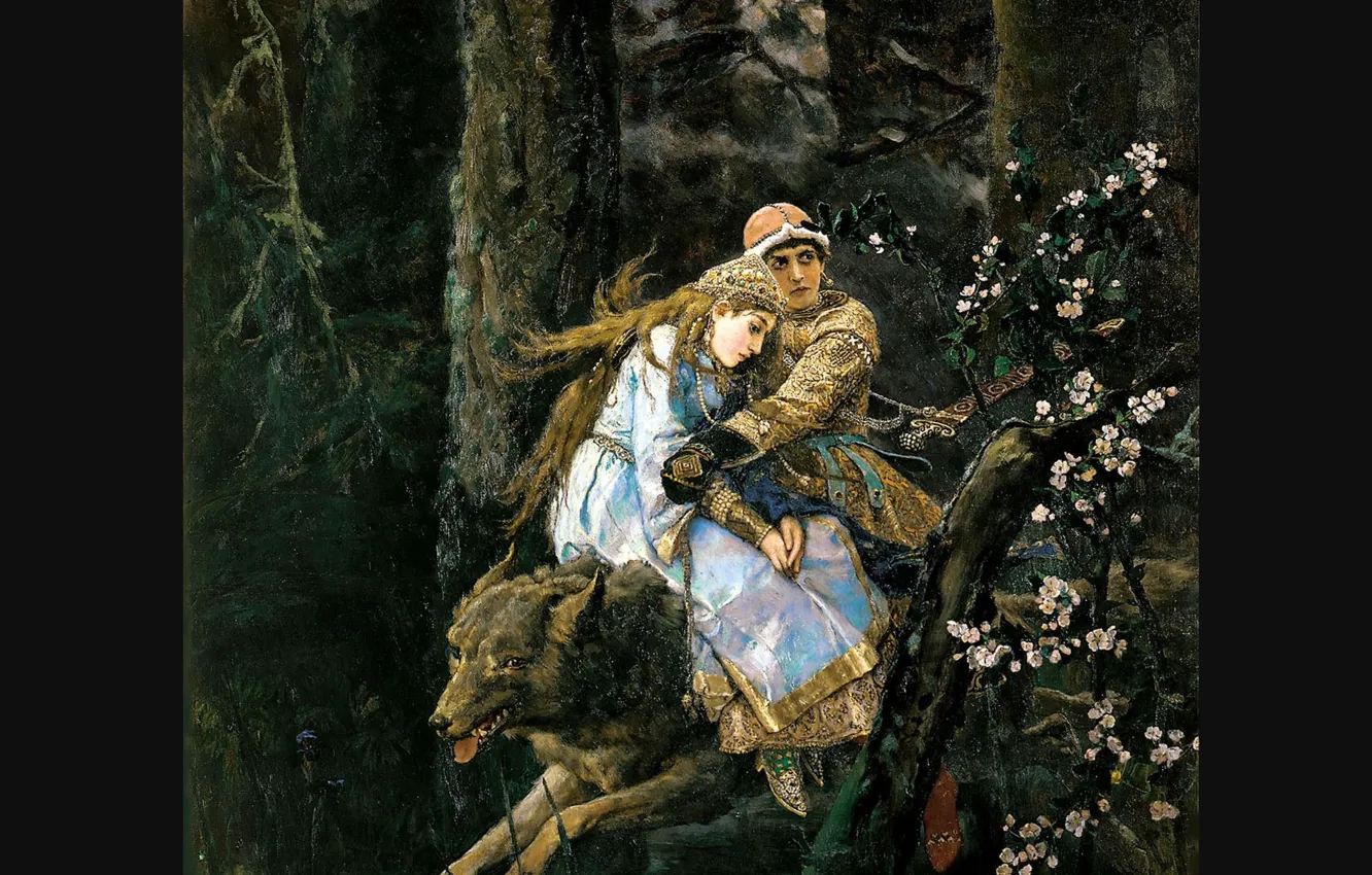 Фото обои Деревья, Лес, Картина, Волк, Иван-царевич, Victor Vasnetsov, Русский художник-живописец, Иван-царевич на Сером Волке