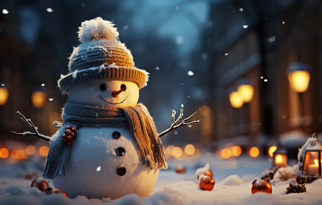 Фото обои зима, снег, новый год, Рождество, снеговик, Christmas, night, winter