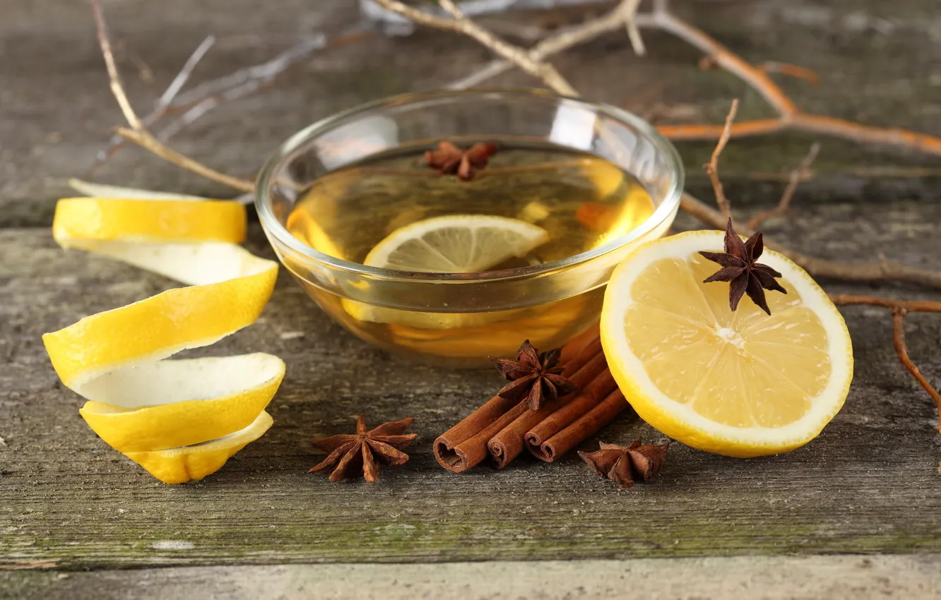 Фото обои лимон, чай, ветка, напиток, корица