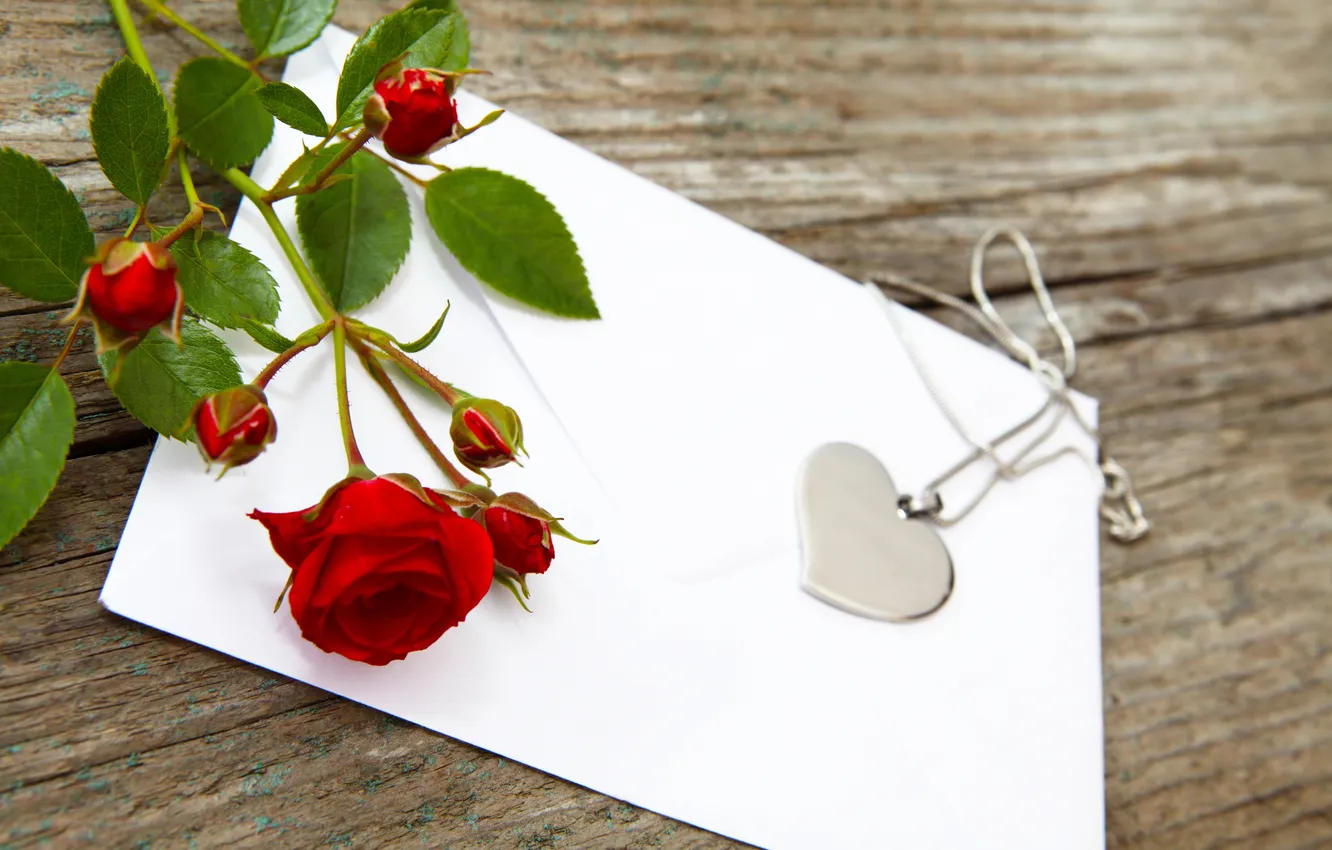 Фото обои сердце, роза, кулон, цепочка, красная, конверт