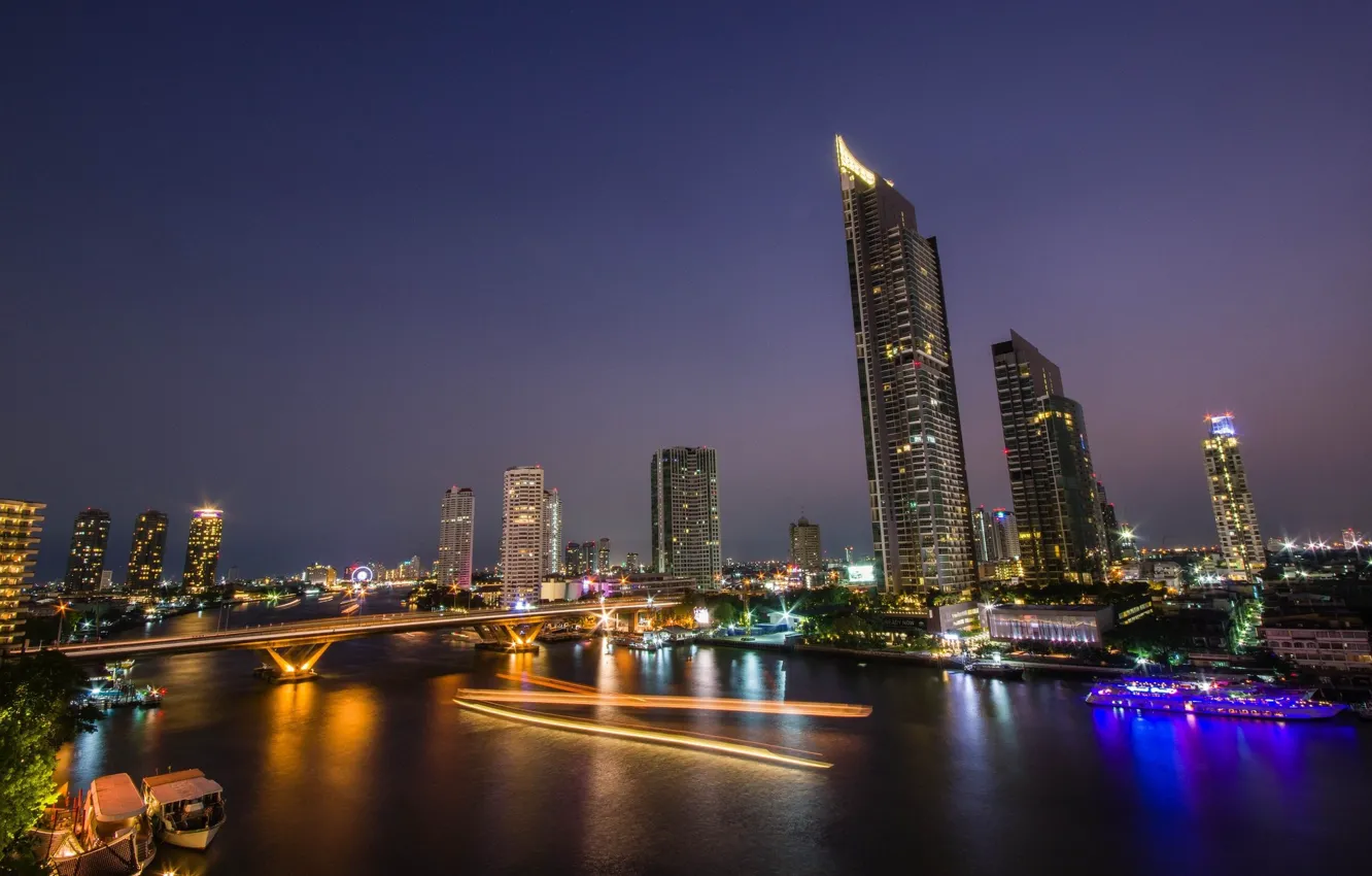 Фото обои вода, мост, город, лодки, Тайланд, Бангкок