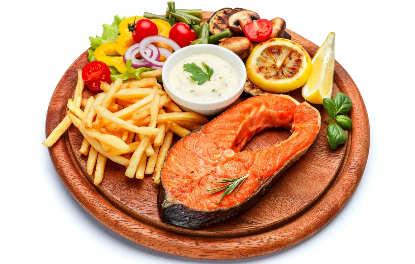 Фото обои лимон, рыба, овощи, соус, блюдо, картофель