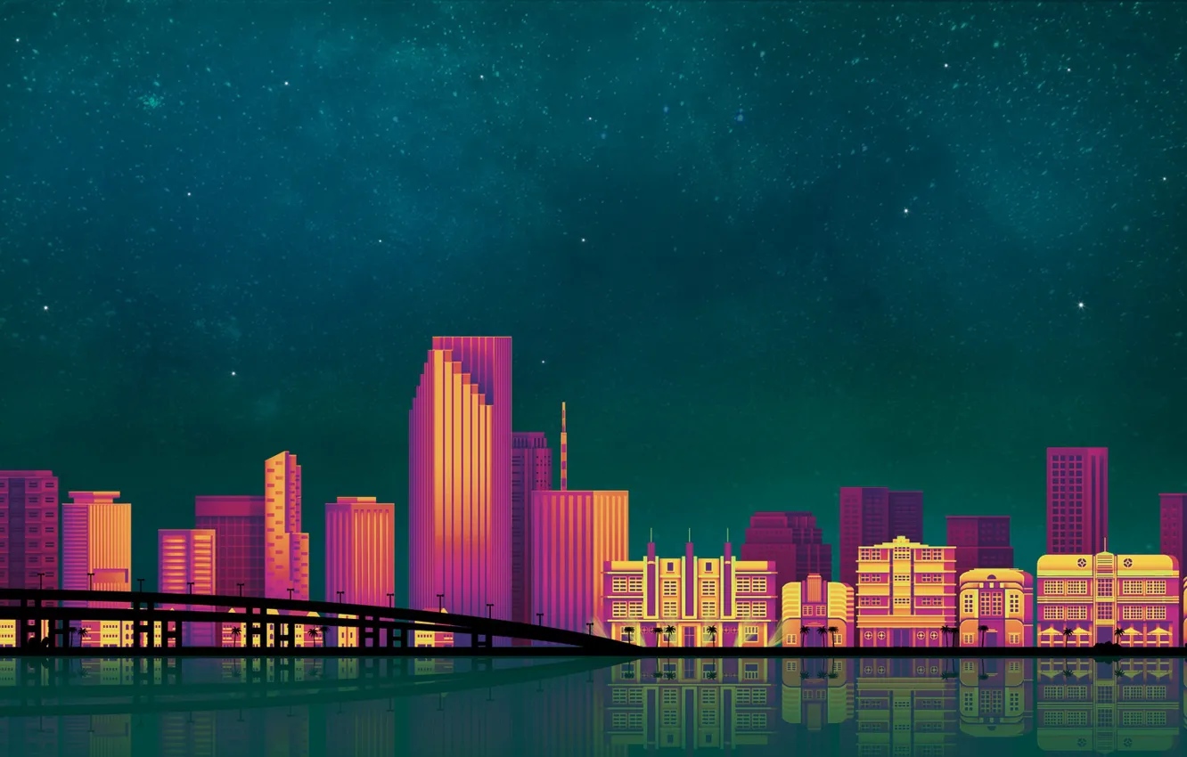 Фото обои Небо, Минимализм, Ночь, Город, Art, Miami, Digital, Illustration