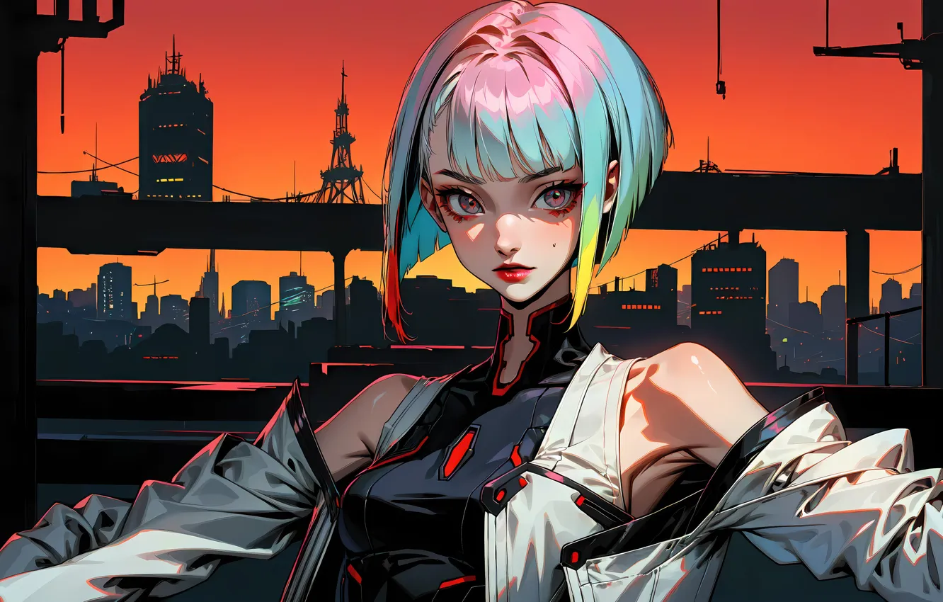 Фото обои взгляд, город, блондинка, витраж, красивая девушка, Cyberpunk, Edgerunners, игровой пероснаж