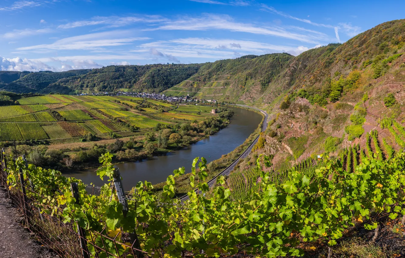 Фото обои небо, пейзаж, холмы, Германия, речка, виноградники