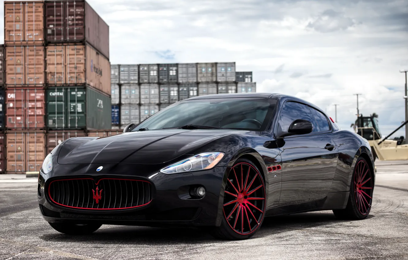 Фото обои Maserati, black, GranTurismo, with, exterior, painted, lowered, Vossen wheels