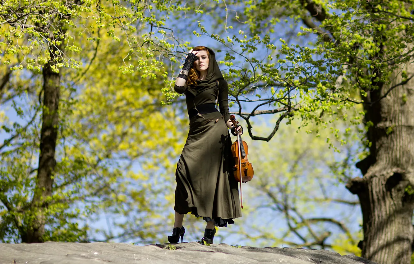 Фото обои девушка, скрипка, платье, Violinist, Hannah Thiem, Musical Forest