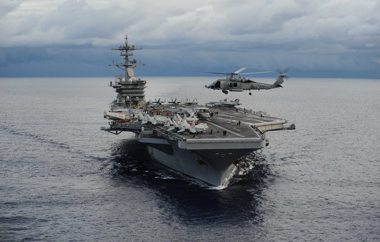 Фото обои океан, авианосец, вертолёт, типа, «Нимиц», USS Theodore Roosevelt, Sea Hawk, SH-60F