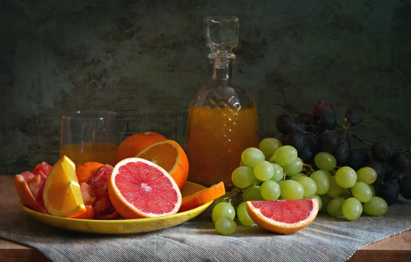 Фото обои апельсин, сок, виноград, натюрморт, цитрусы, грейпфрут