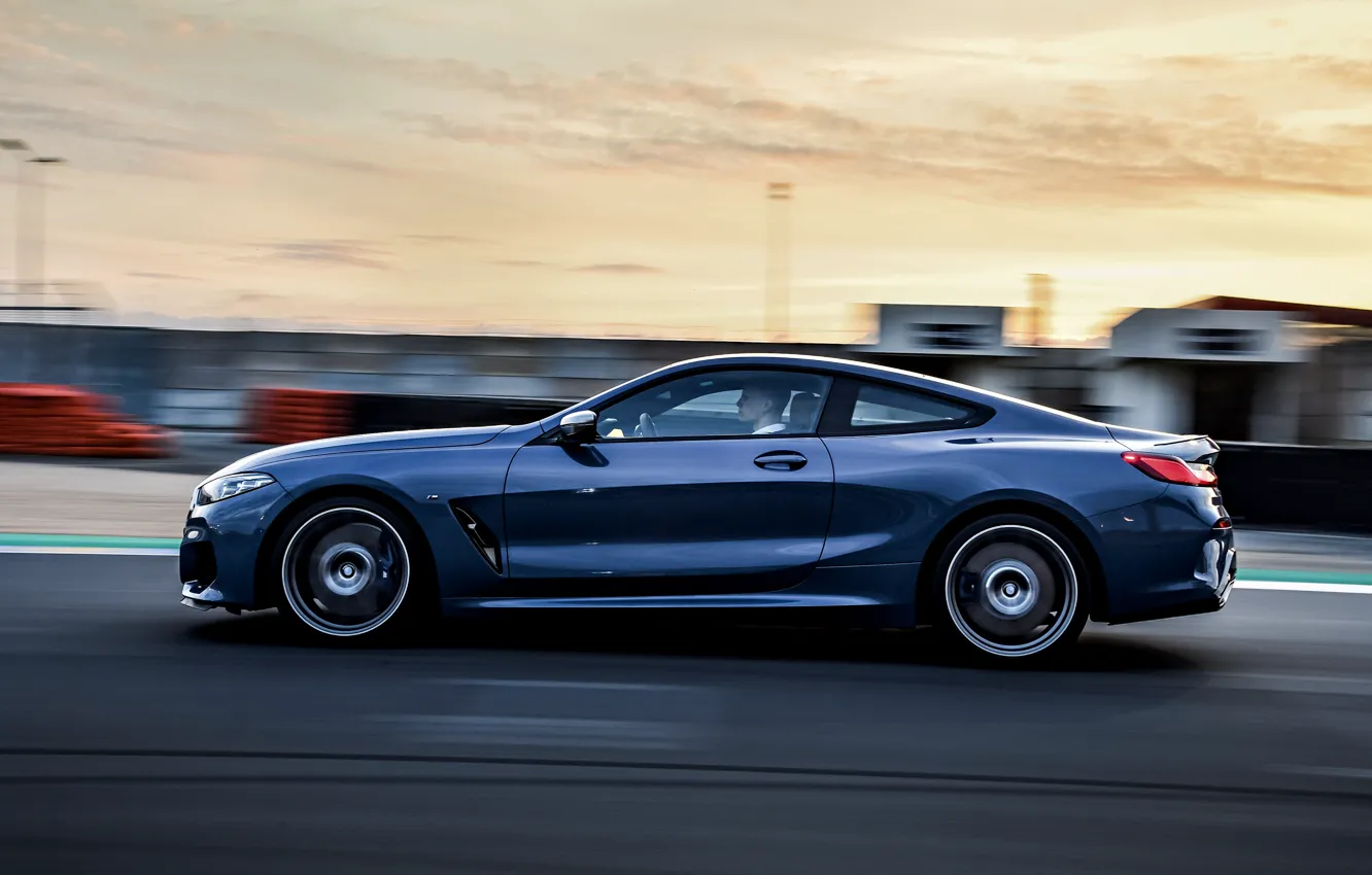 Фото обои купе, скорость, BMW, профиль, Coupe, 2018, серо-синий, 8-Series
