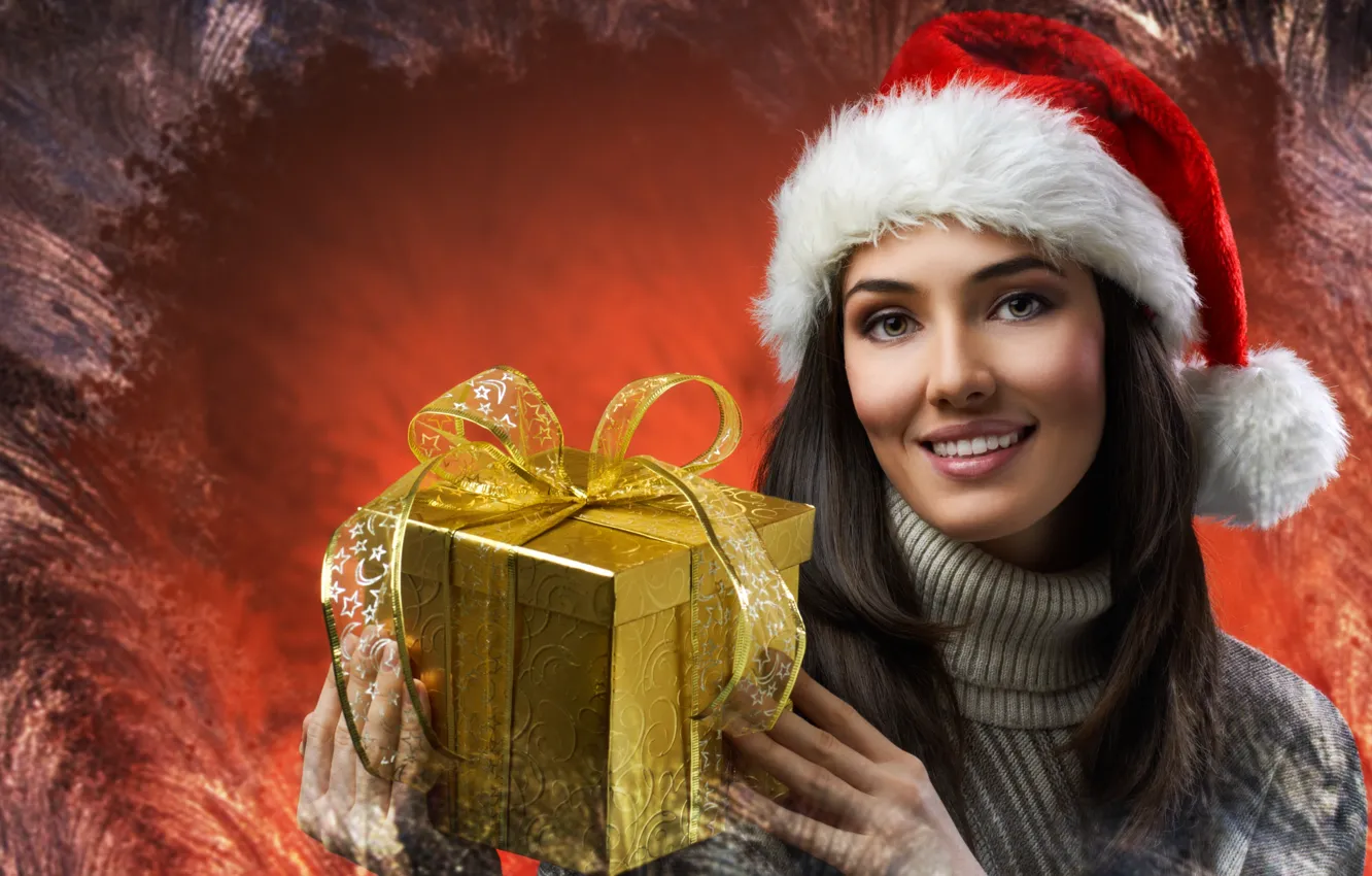Фото обои девушка, улыбка, праздник, коробка, подарок, узоры, мороз, лента