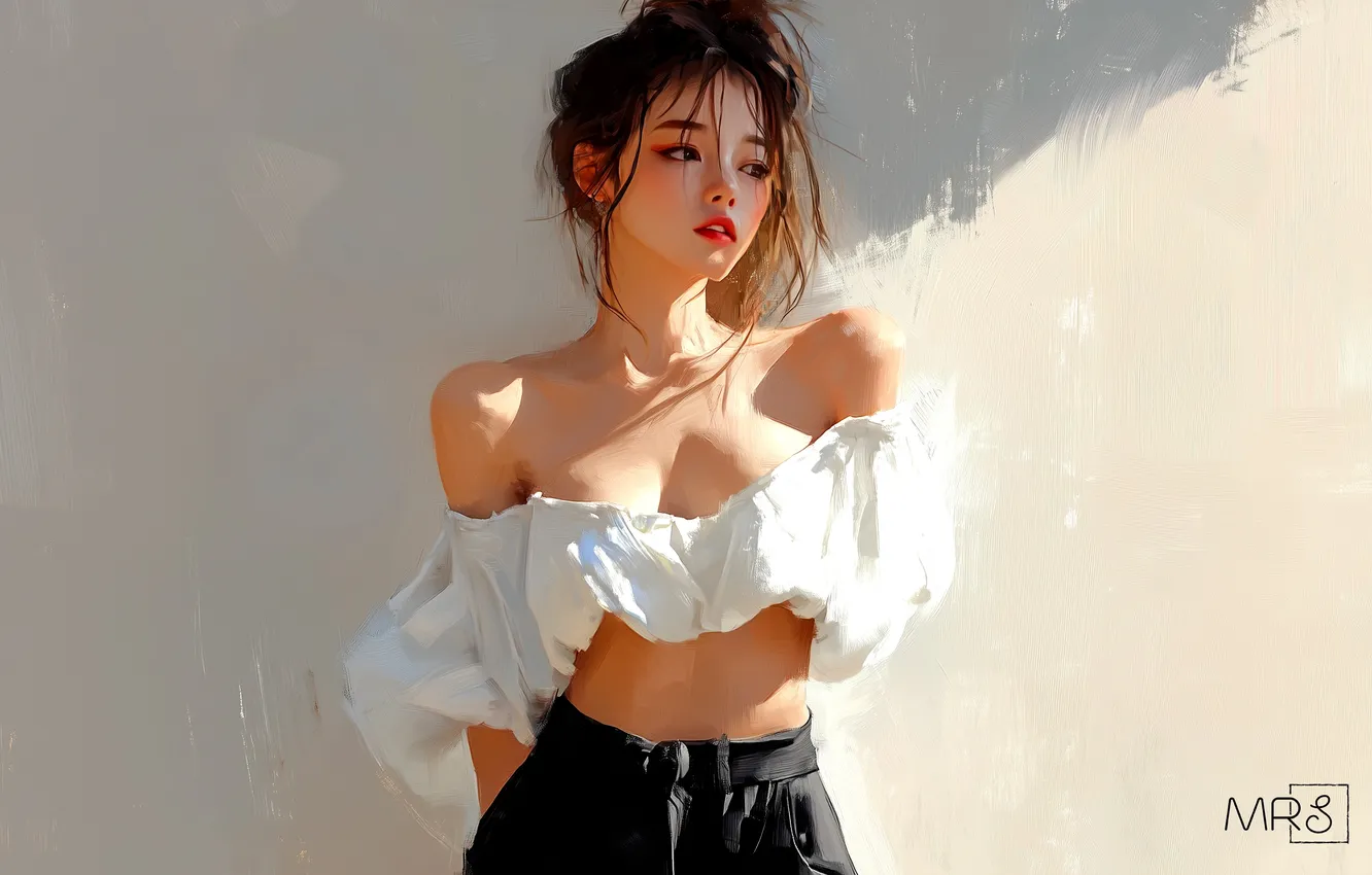 Фото обои girl, cleavage, brunette, digital art, artwork, pants, simple background, bare shoulders