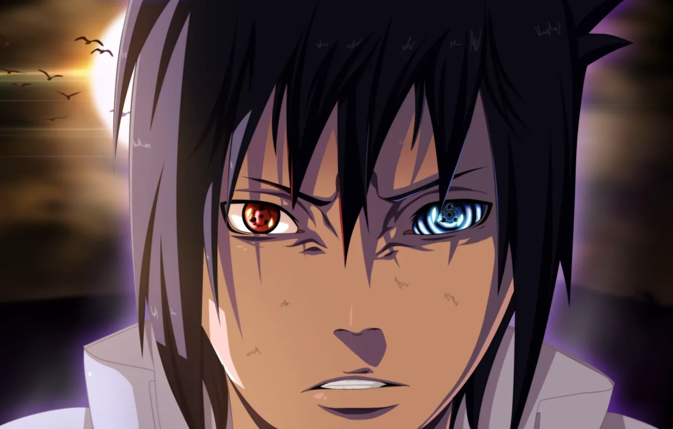 Фото обои game, Sasuke, Naruto, eyes, anime, birds, sharingan, ninja