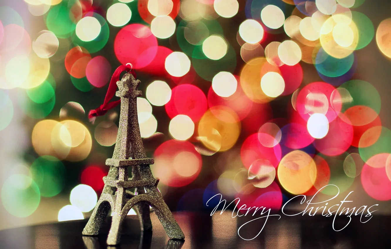 Фото обои огни, настроение, праздник, эйфелева башня, новый год, боке, Merry Christmas