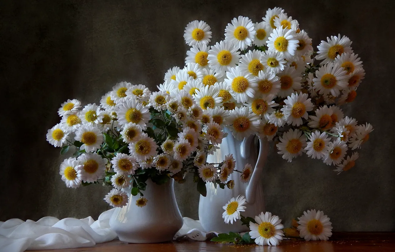 Фото обои цветы, ромашки, букет, ваза