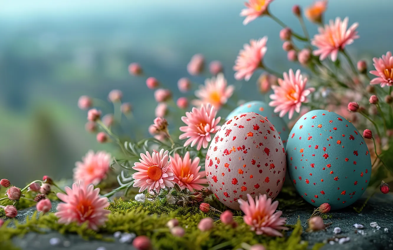Фото обои цветы, яйца, весна, colorful, Пасха, happy, pink, flowers