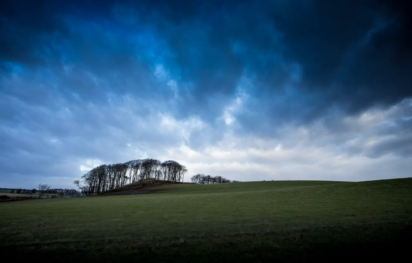 Фото обои поле, небо, деревья, тучи, долина, Шотландия, Великобритания, синее