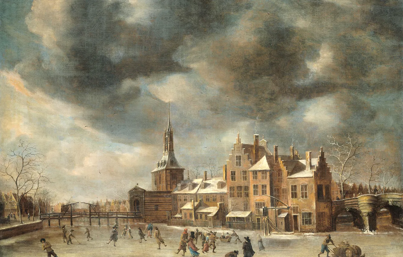 Фото обои пейзаж, картина, Синие Ворота в Лейдене Зимой, Ян Авраам Беерстратен