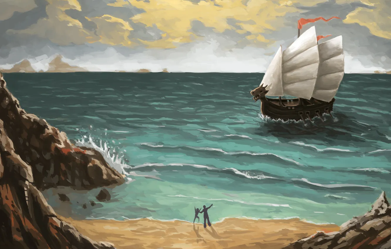 Фото обои море, люди, корабль, арт, ожидание, нарисованный пейзаж