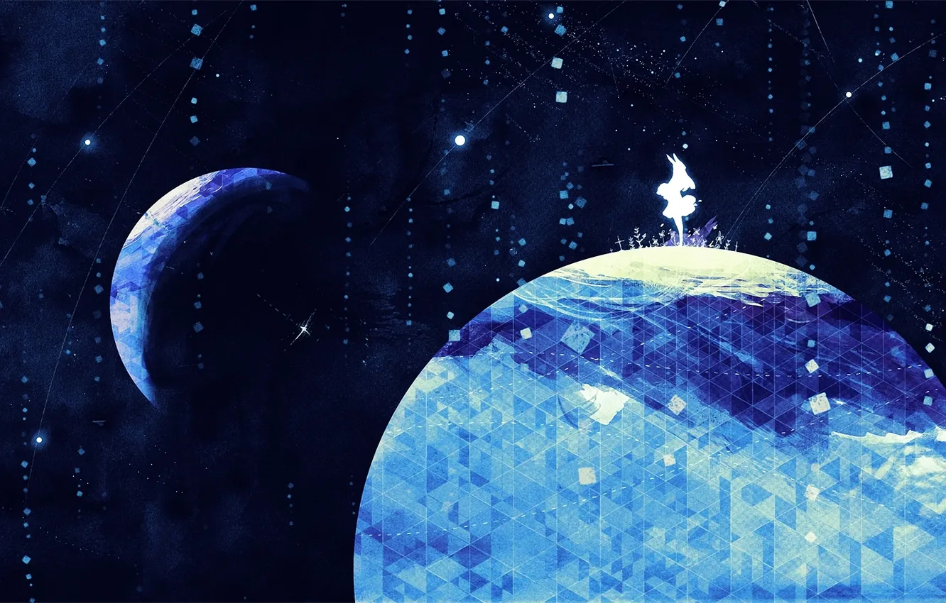Фото обои абстракция, луна, планета, арт, Земля, девочка, уши, redjuice