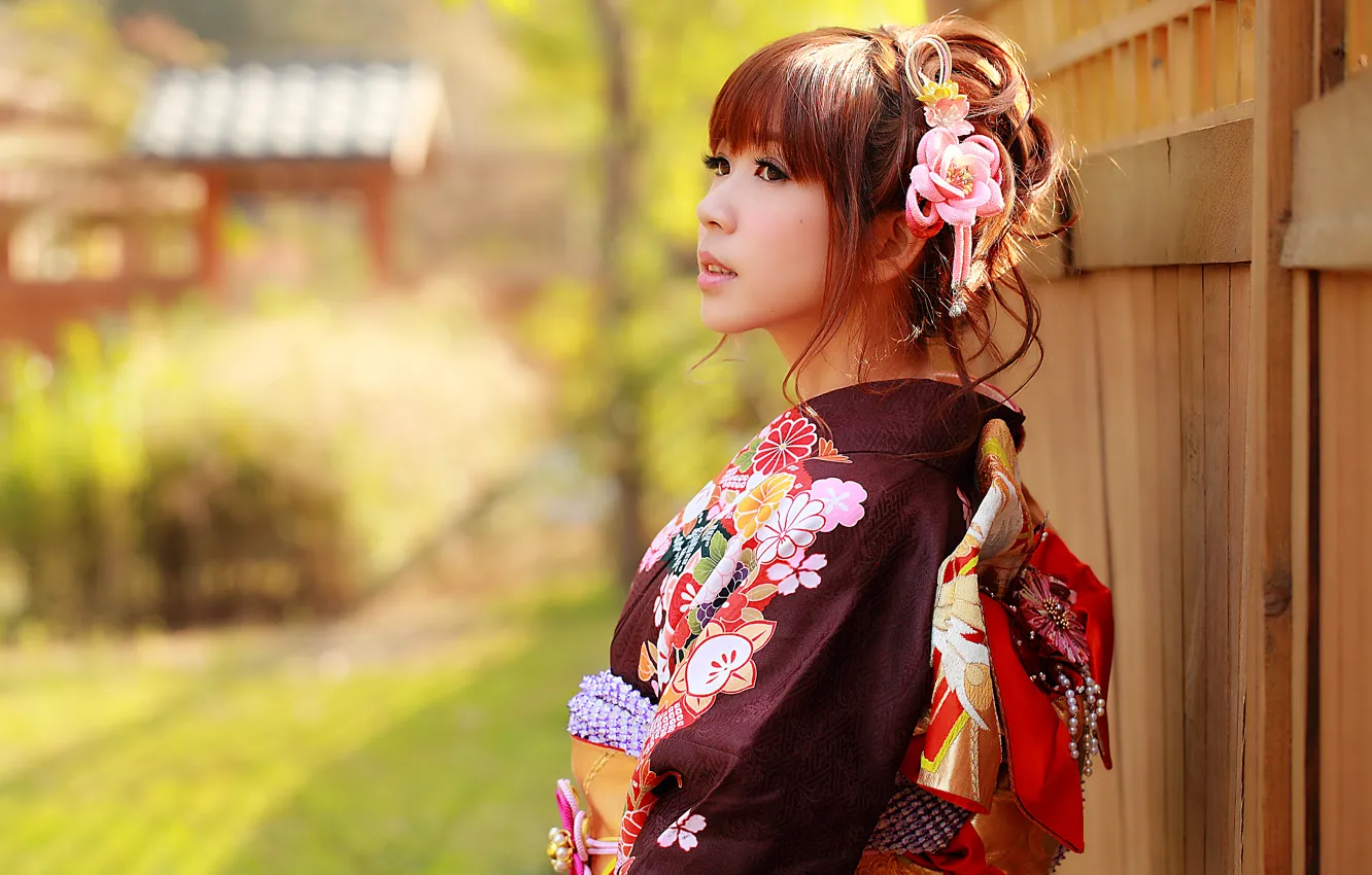 Фото обои взгляд, девушка, лицо, стиль, одежда, кимоно, азиатка