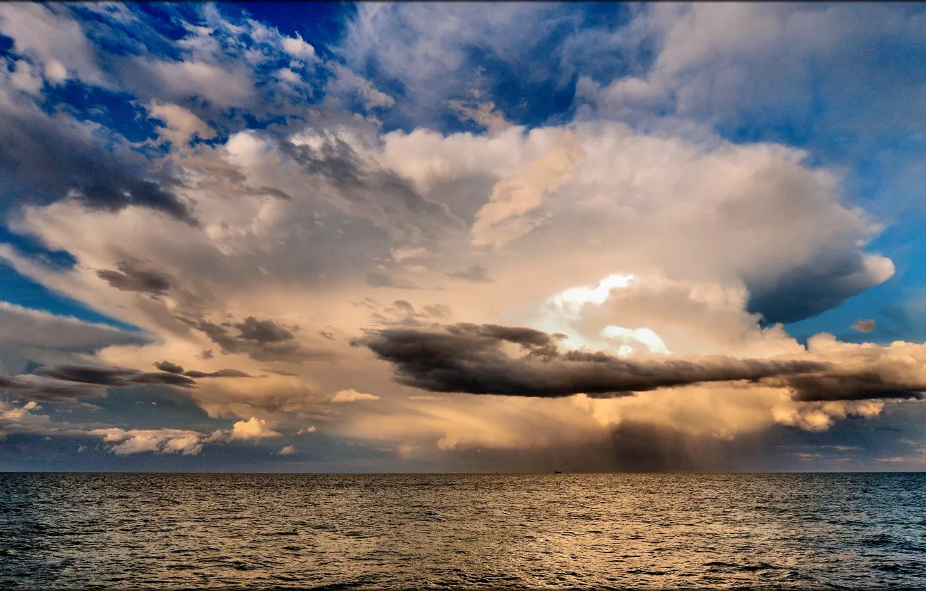 Фото обои море, небо, солнце, облака, корабль